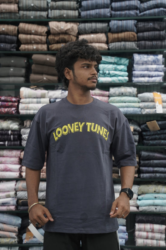 Mens Five Sleeve Back Printed LOONEY Oversize T-Shirt - Grey