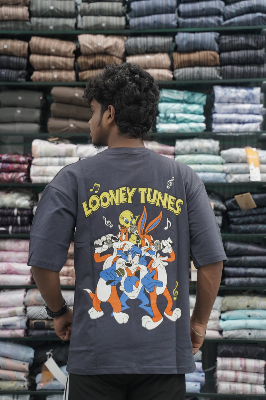 Mens Five Sleeve Back Printed LOONEY Oversize T-Shirt - Grey