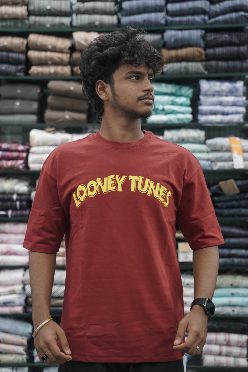 Mens Five Sleeve Back Printed LOONEY Oversize T-Shirt - Maroon