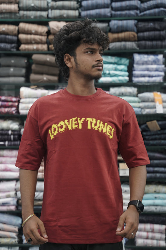 Mens Five Sleeve Back Printed LOONEY Oversize T-Shirt - Maroon