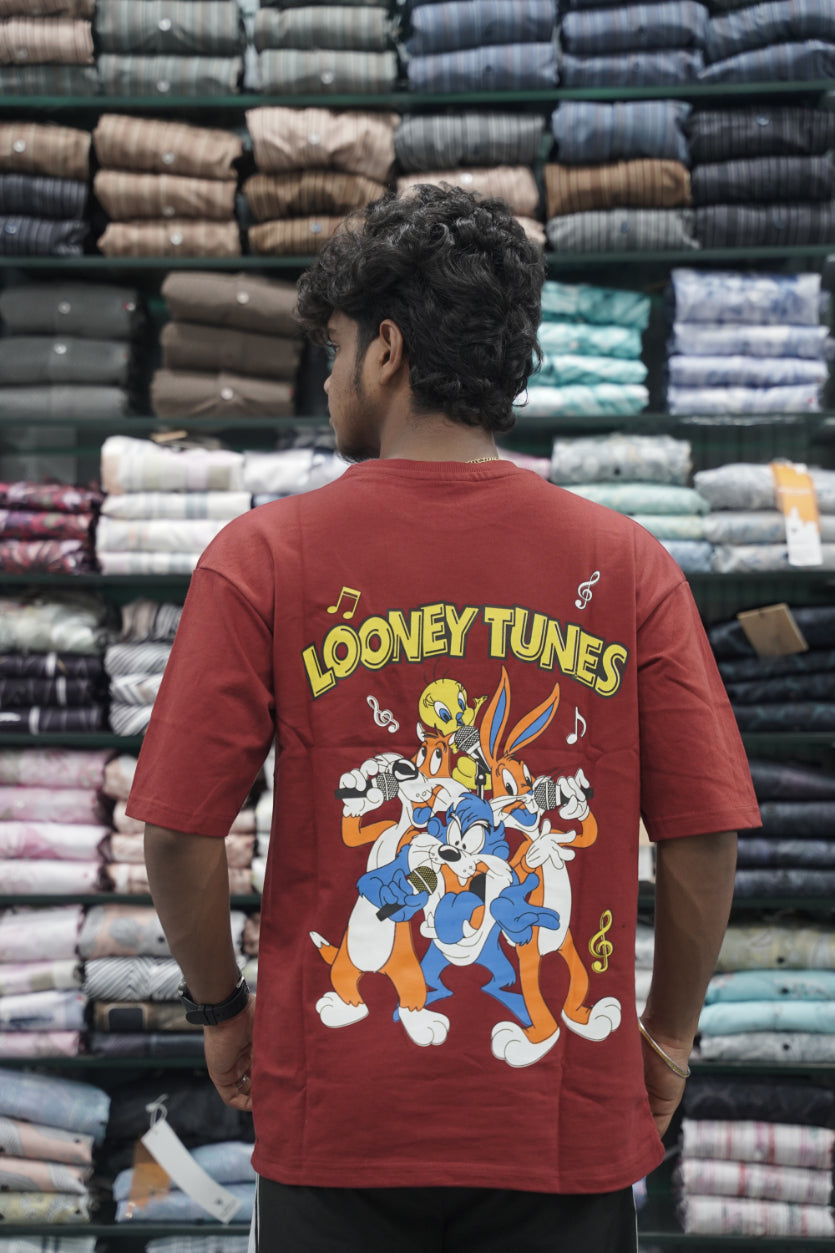 Mens Five Sleeve Back Printed LOONEY Oversize T-Shirt - Maroon