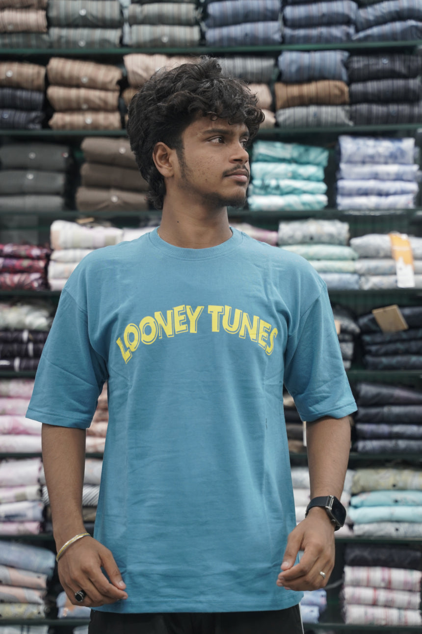 Mens Five Sleeve Back Printed LOONEY Oversize T-Shirt - Sky Blue