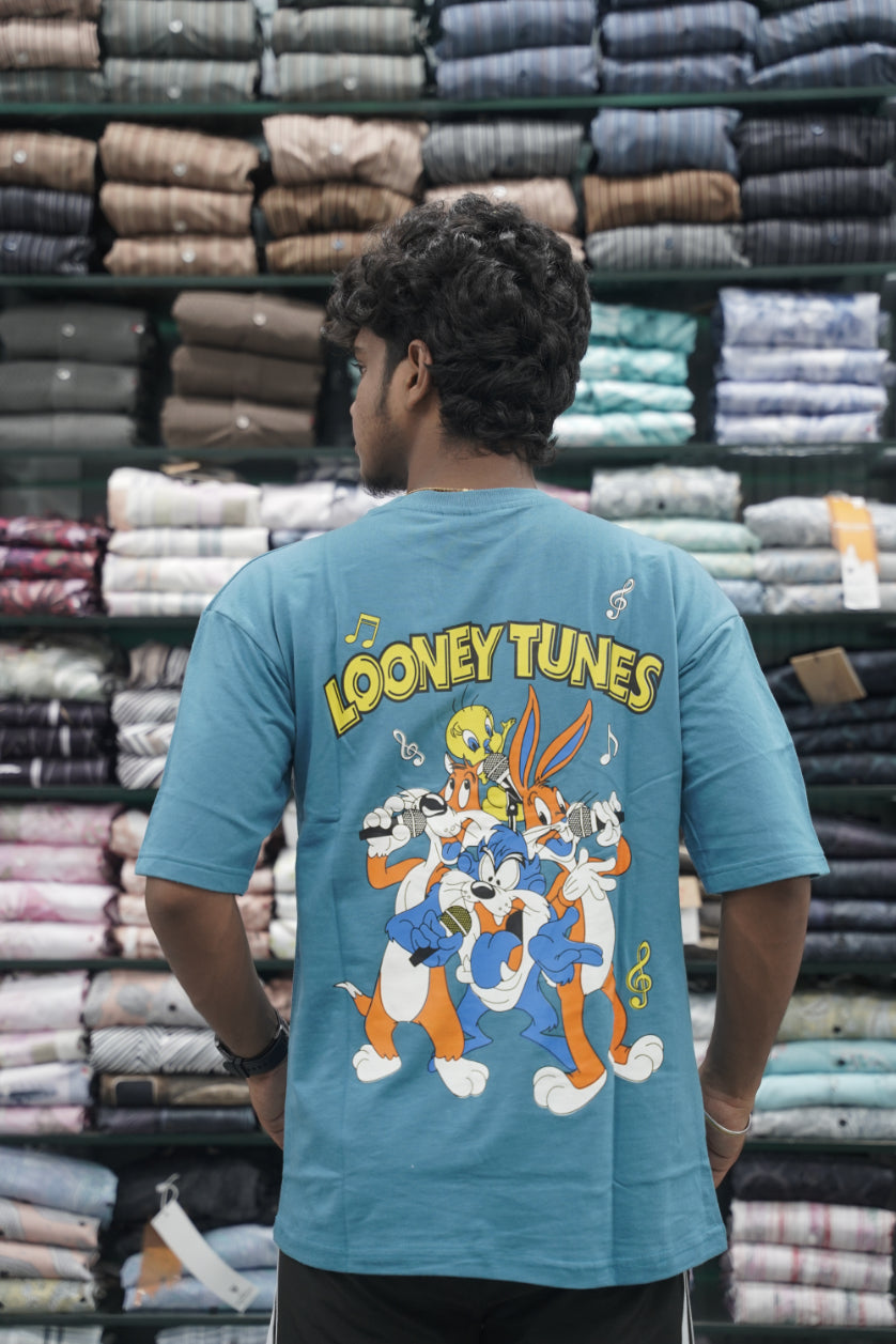 Mens Five Sleeve Back Printed LOONEY Oversize T-Shirt - Sky Blue