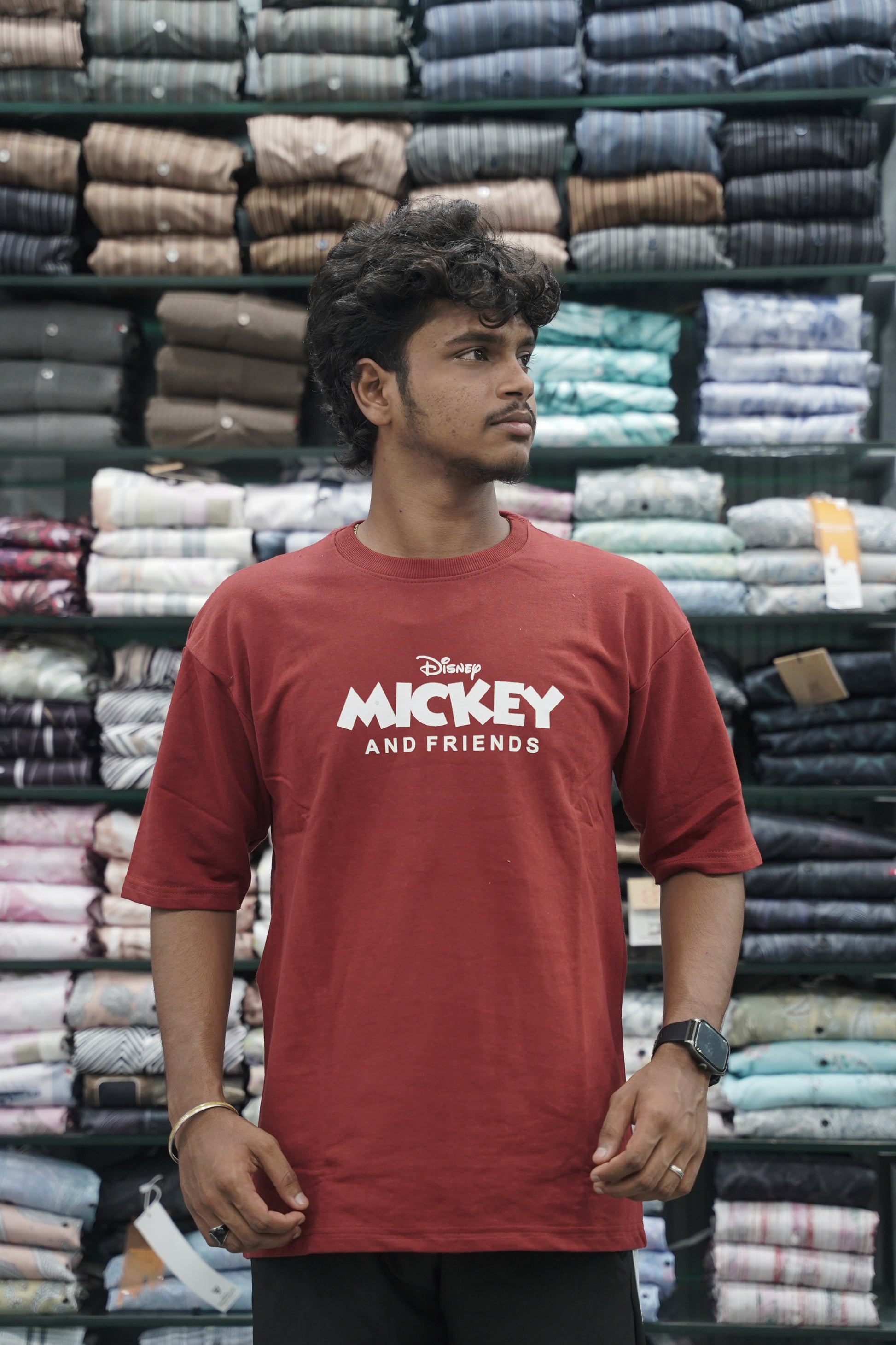 Mens Five Sleeve Back Printed MICKEY Oversize T-Shirt - Maroon-7 Man