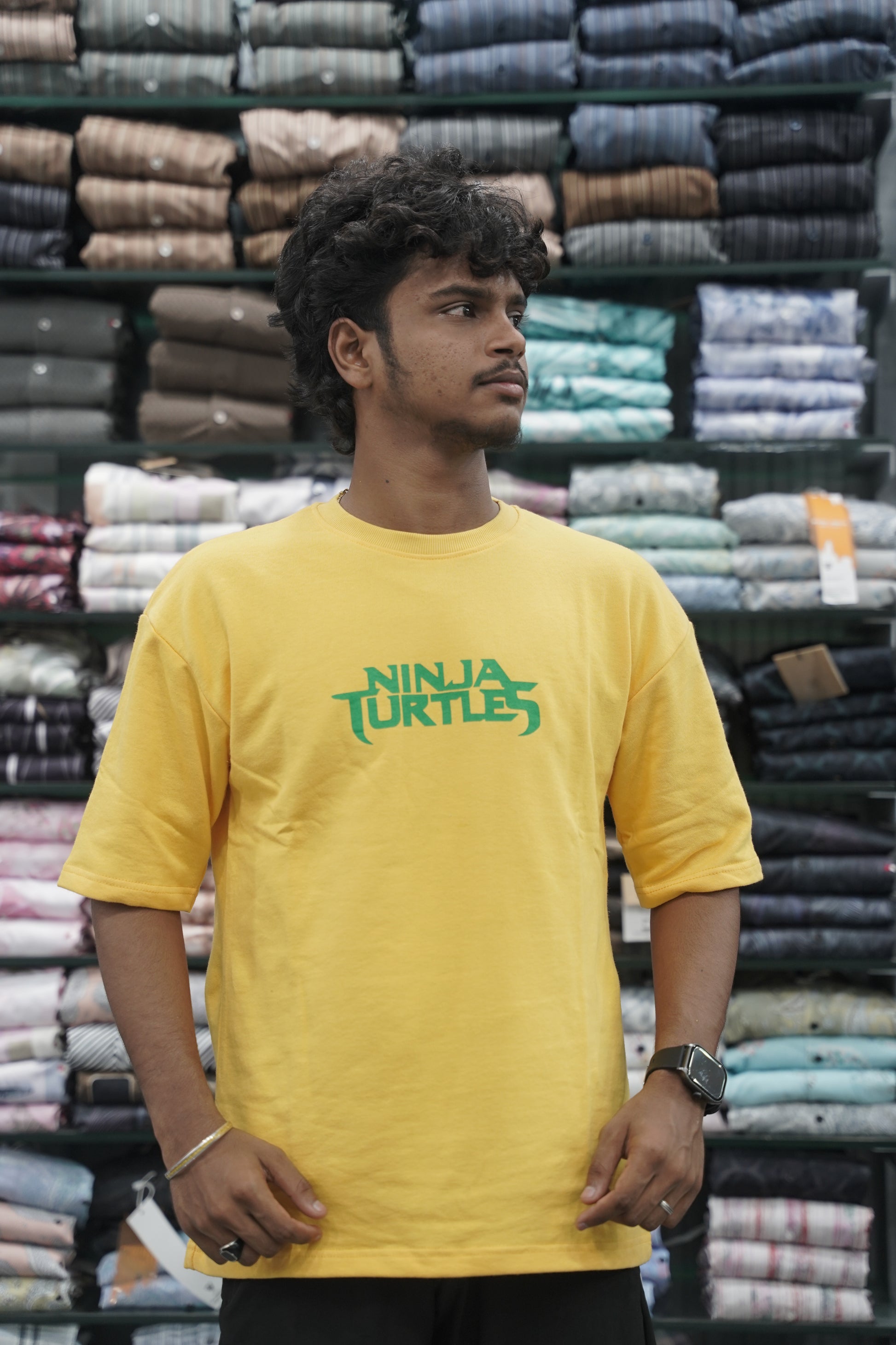 Mens Five Sleeve Back Printed NINJA Oversize T-Shirt - Yellow-7 Man