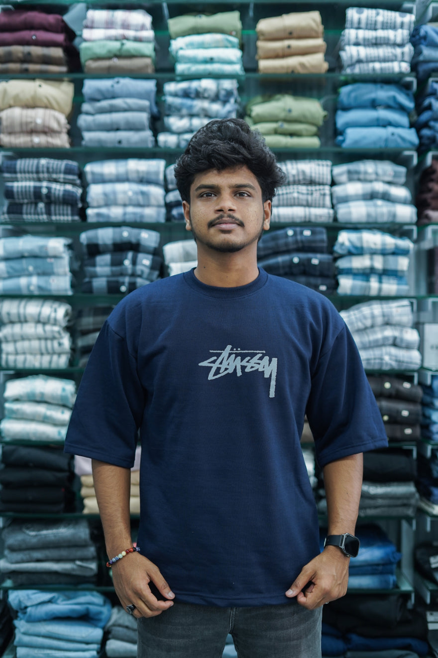 Mens Five Sleeve Back Printed Oversize T-Shirt - Navy Blue-7 Man