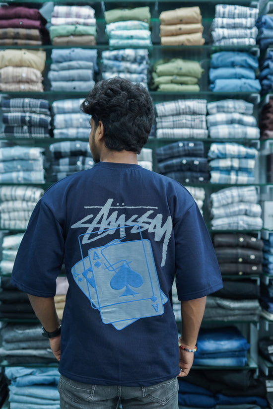 Mens Five Sleeve Back Printed Oversize T-Shirt - Navy Blue-7 Man