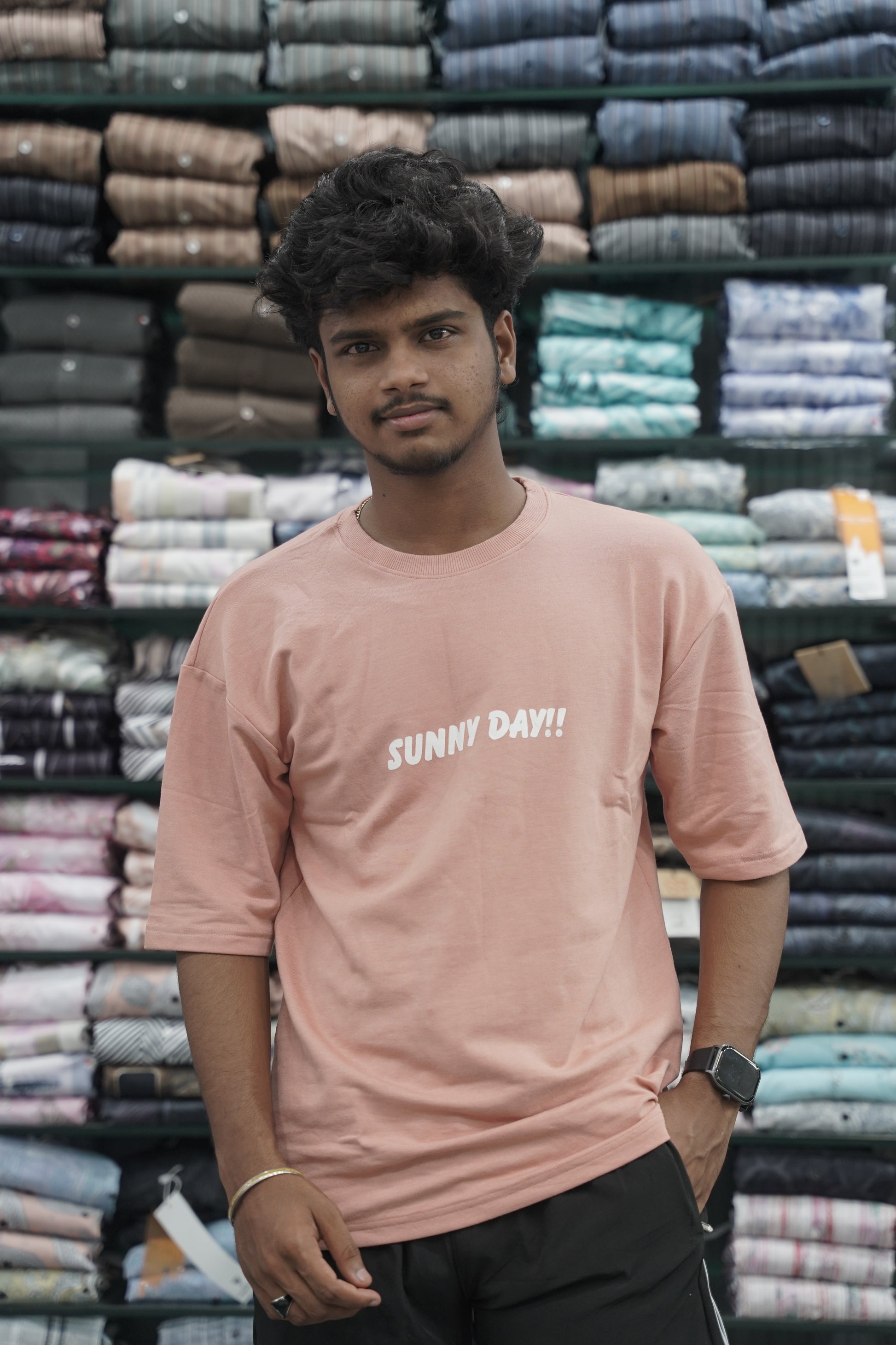 Mens Five Sleeve Back Printed SUNNY DAY Oversize T-Shirt - Peach-7 Man