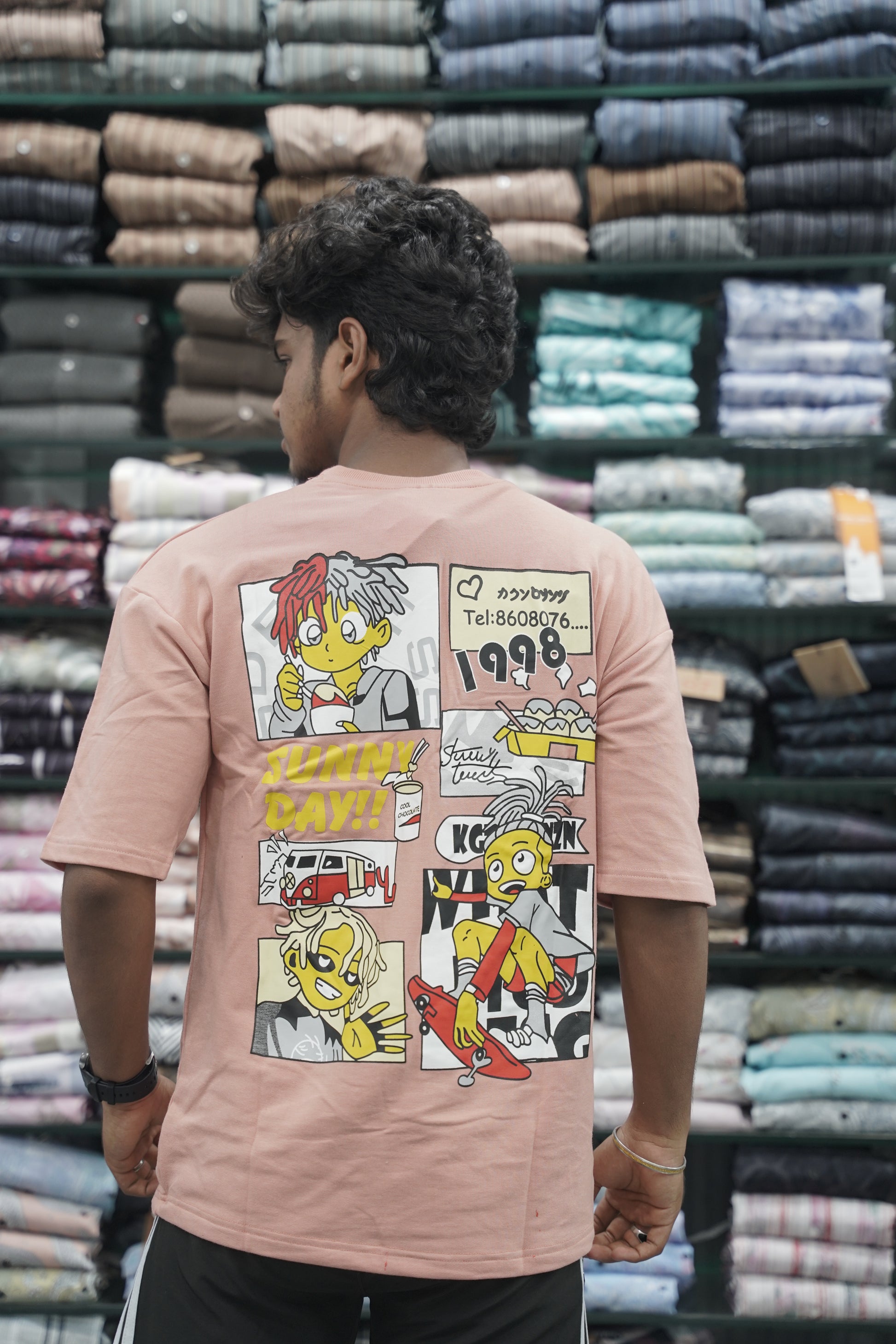 Mens Five Sleeve Back Printed SUNNY DAY Oversize T-Shirt - Peach-7 Man