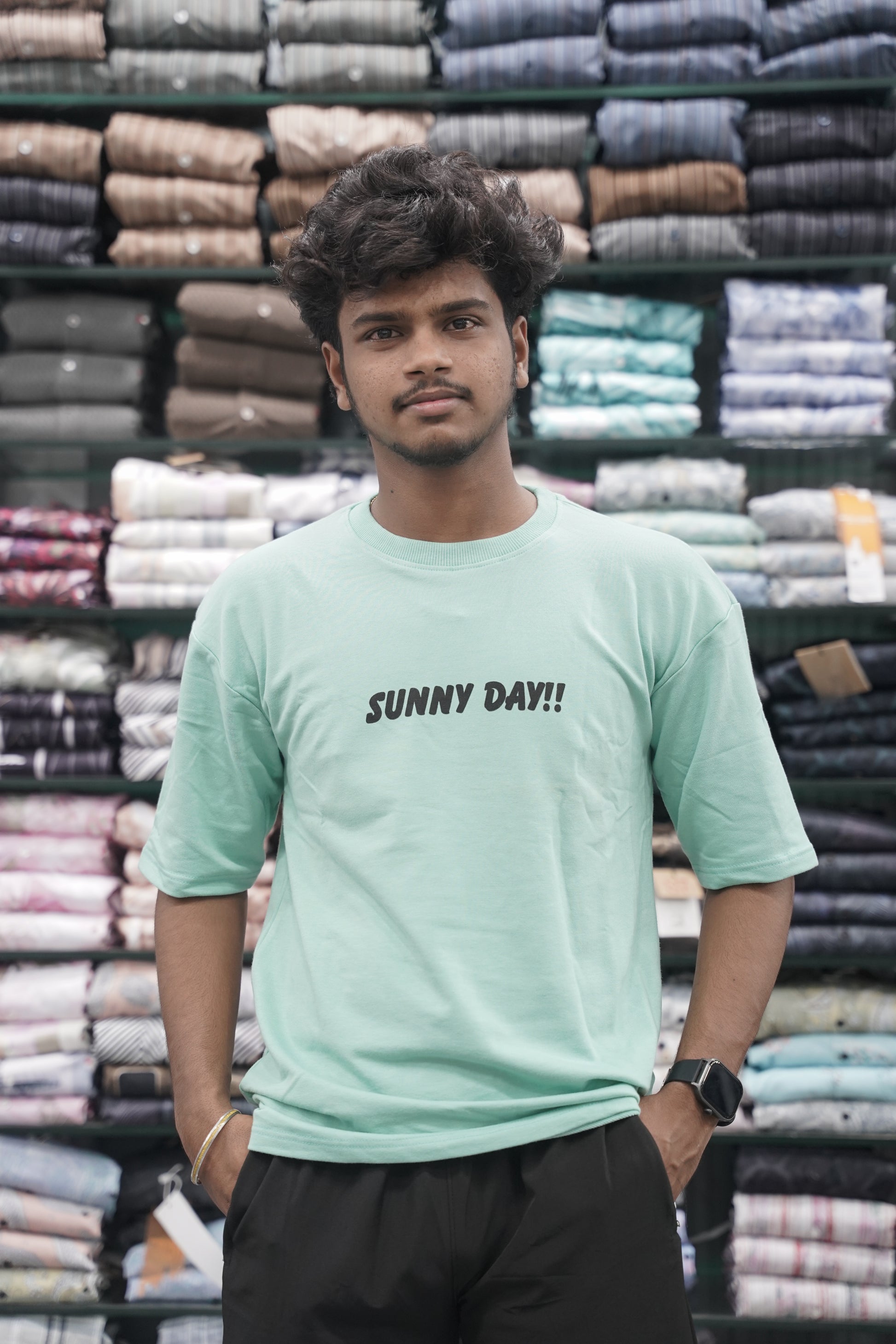 Mens Five Sleeve Back Printed SUNNY DAY Oversize T-Shirt - Sky Blue-7 Man
