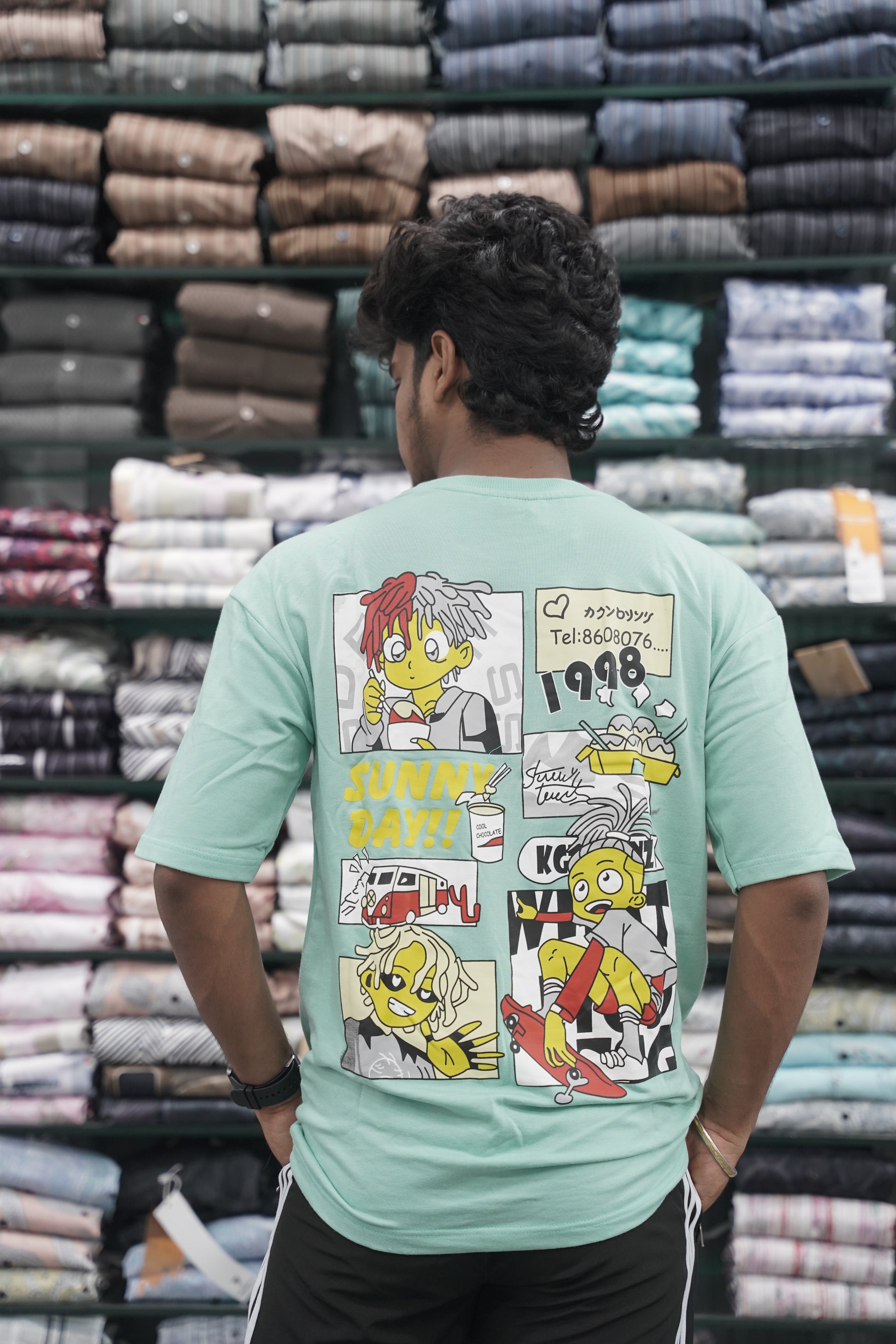 Mens Five Sleeve Back Printed SUNNY DAY Oversize T-Shirt - Sky Blue-7 Man