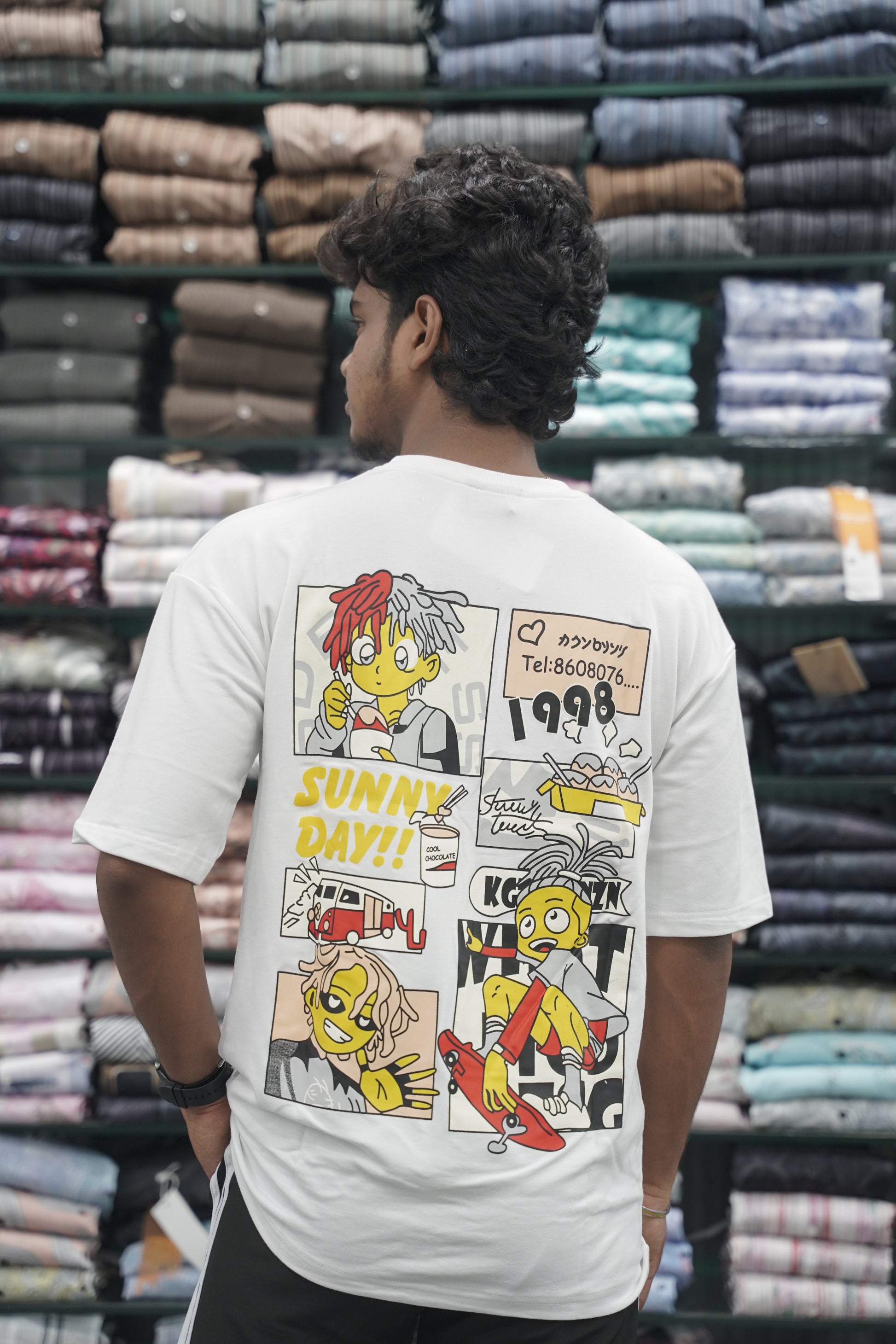 Mens Five Sleeve Back Printed SUNNY DAY Oversize T-Shirt - White-7 Man