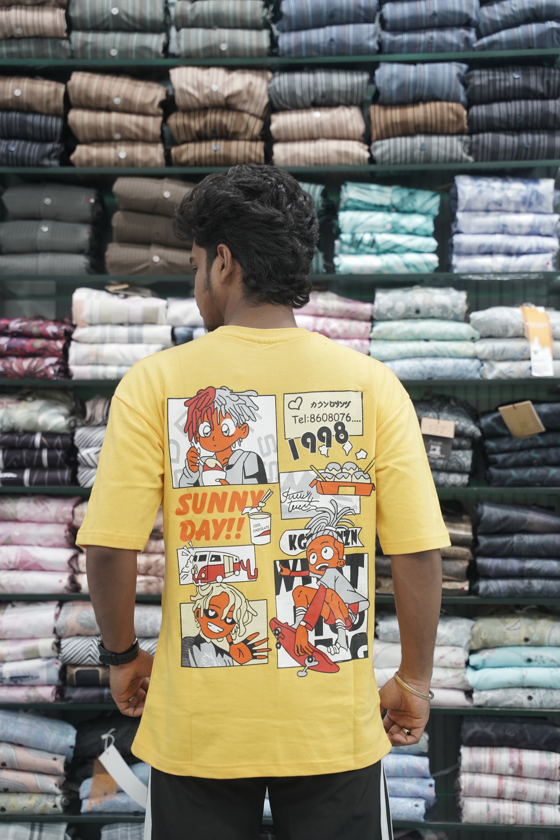 Mens Five Sleeve Back Printed SUNNY DAY Oversize T-Shirt - Yellow-7 Man