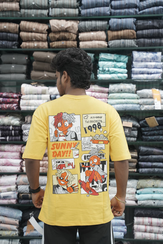 Mens Five Sleeve Back Printed SUNNY DAY Oversize T-Shirt - Yellow-7 Man