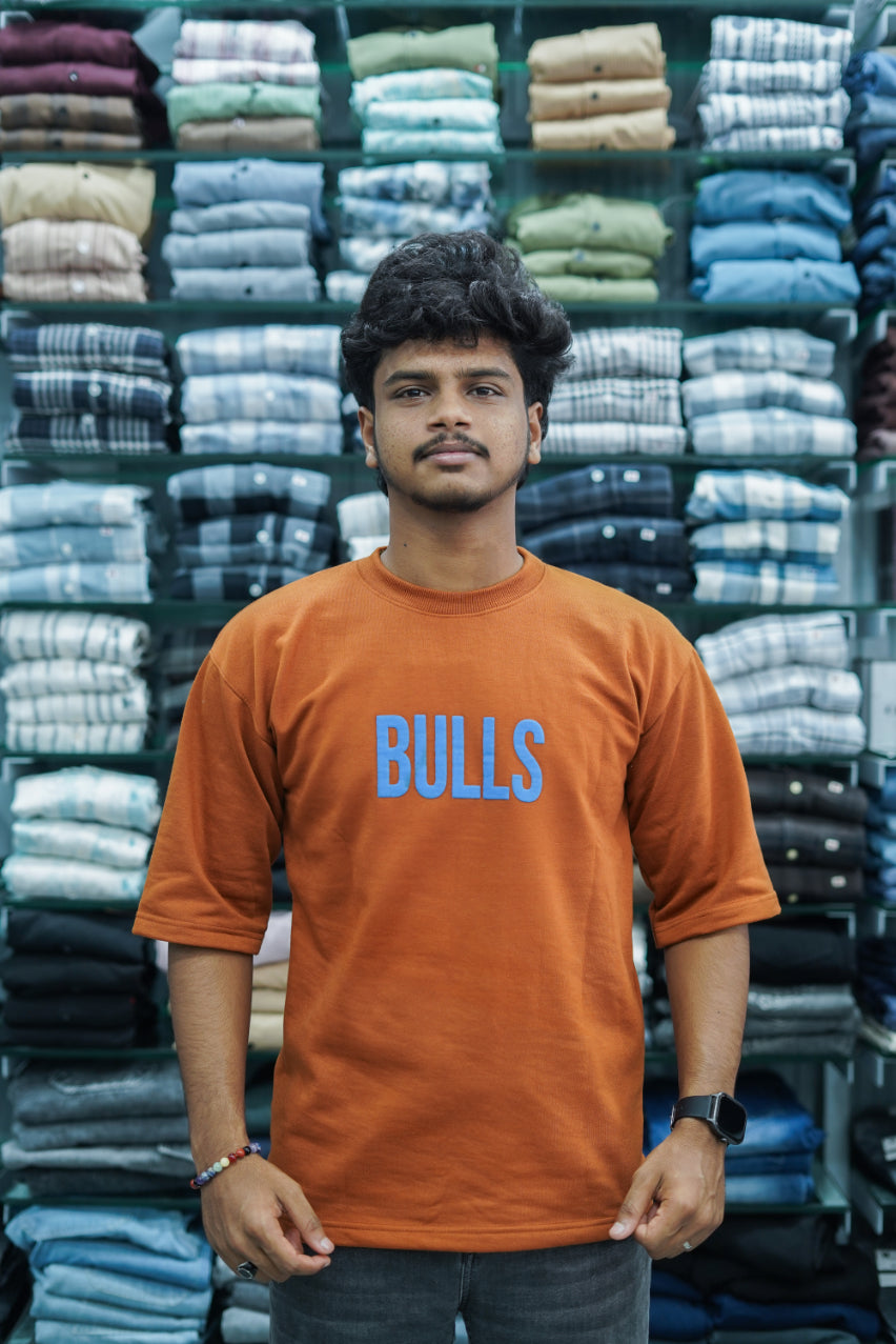 Mens Five Sleeve BULLS Back Printed Oversize T-Shirt - Orange-7 Man