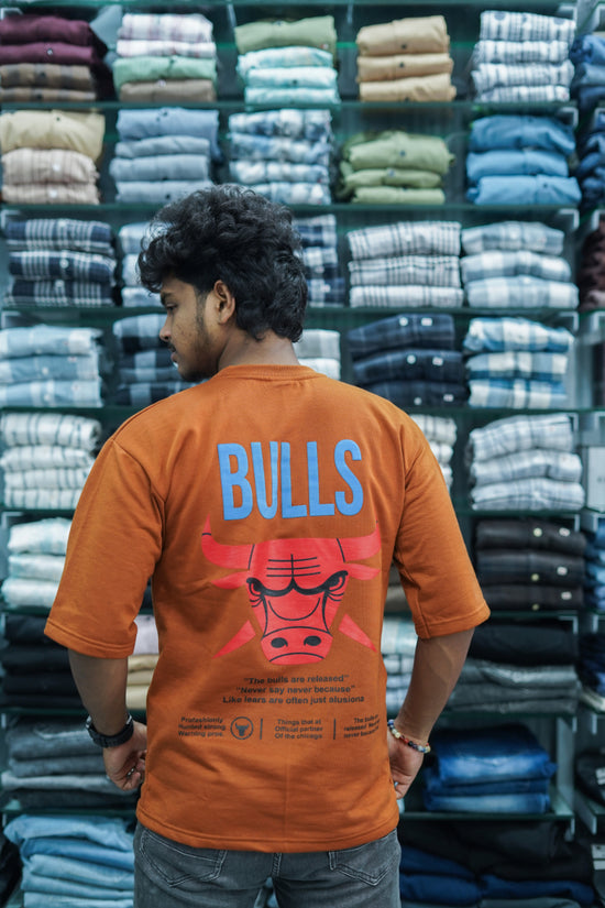 Mens Five Sleeve BULLS Back Printed Oversize T-Shirt - Orange-7 Man