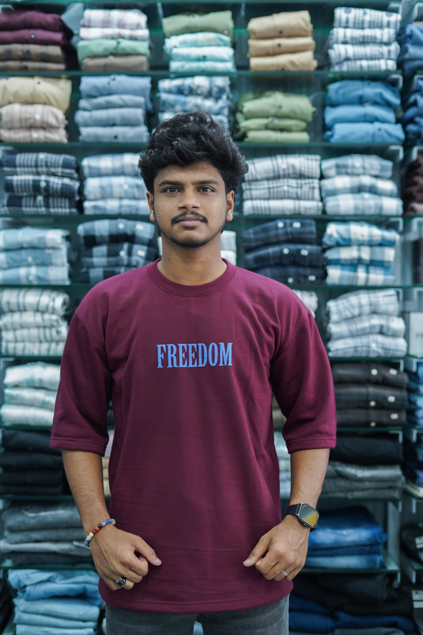 Mens Five Sleeve FREEDOM Back Printed Oversize T-Shirt - Maroon-7 Man
