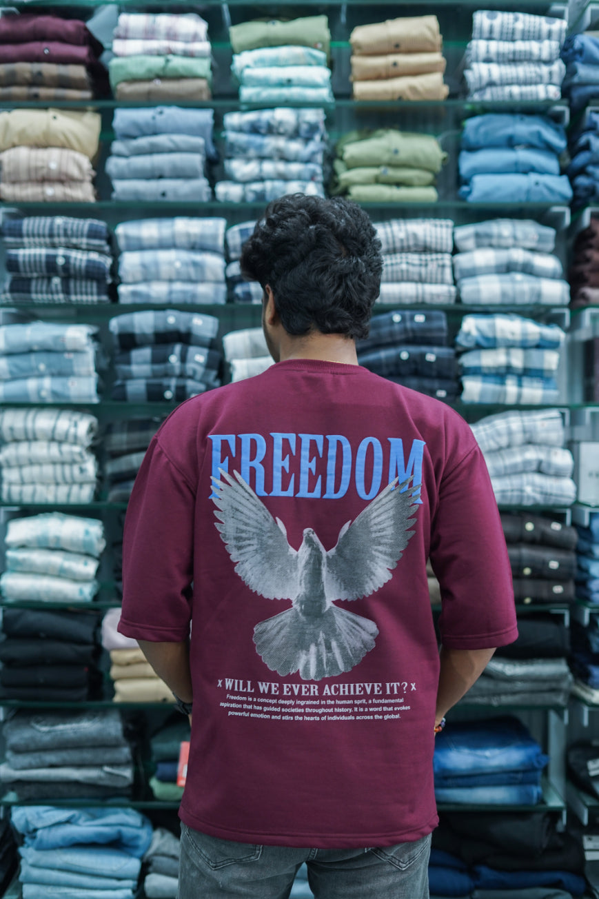 Mens Five Sleeve FREEDOM Back Printed Oversize T-Shirt - Maroon-7 Man
