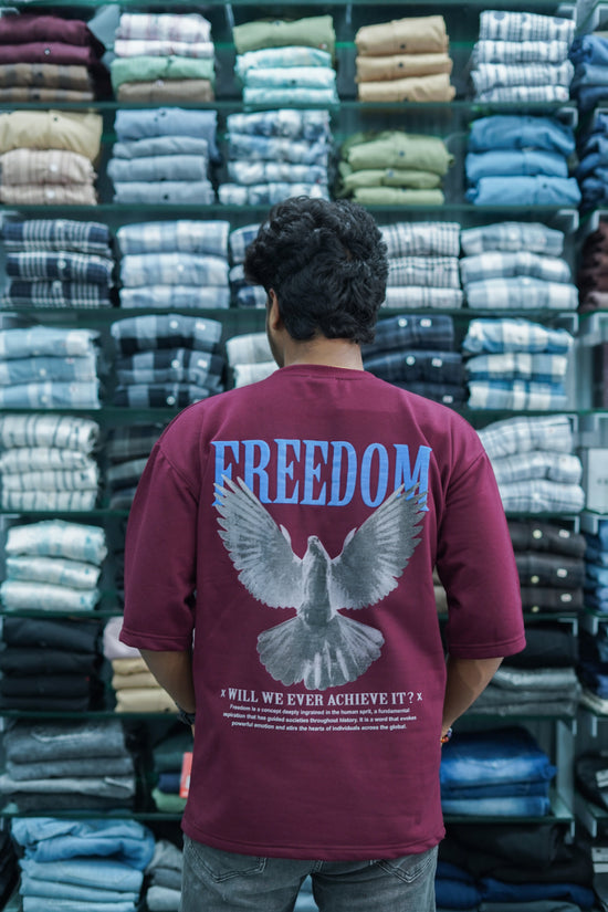 Mens Five Sleeve FREEDOM Back Printed Oversize T-Shirt - Maroon-7 Man