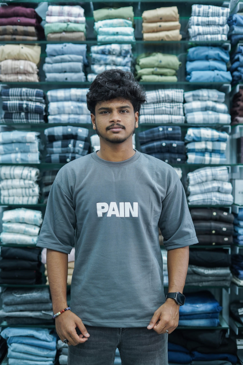 Mens Five Sleeve PAIN Back Printed Oversize T-Shirt - Grey-7 Man