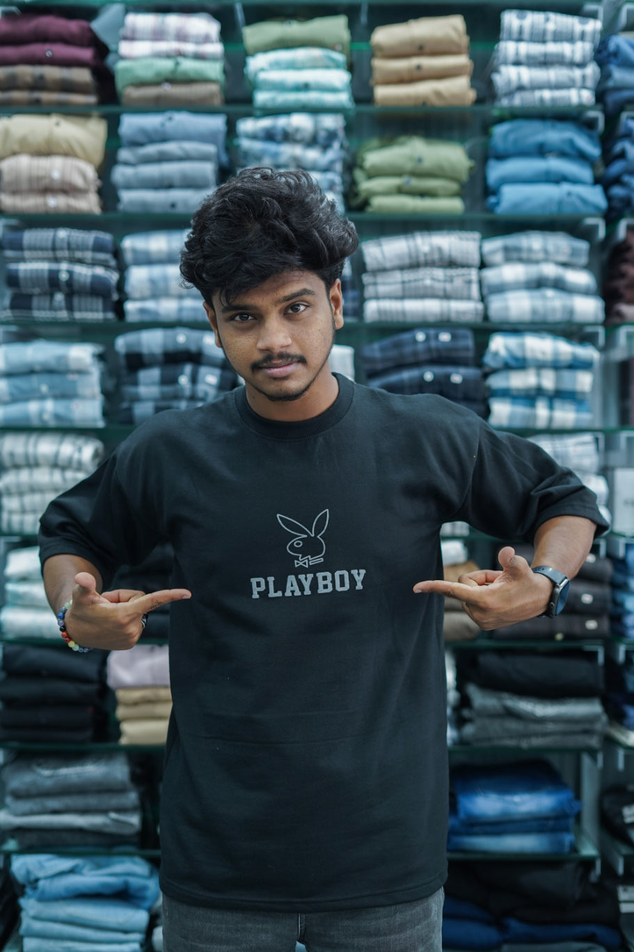 Mens Five Sleeve PLAYBOY Back Printed Oversize T-Shirt - Black-7 Man
