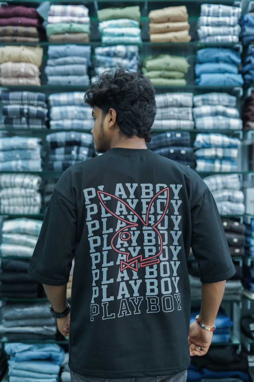 Mens Five Sleeve PLAYBOY Back Printed Oversize T-Shirt - Black-7 Man