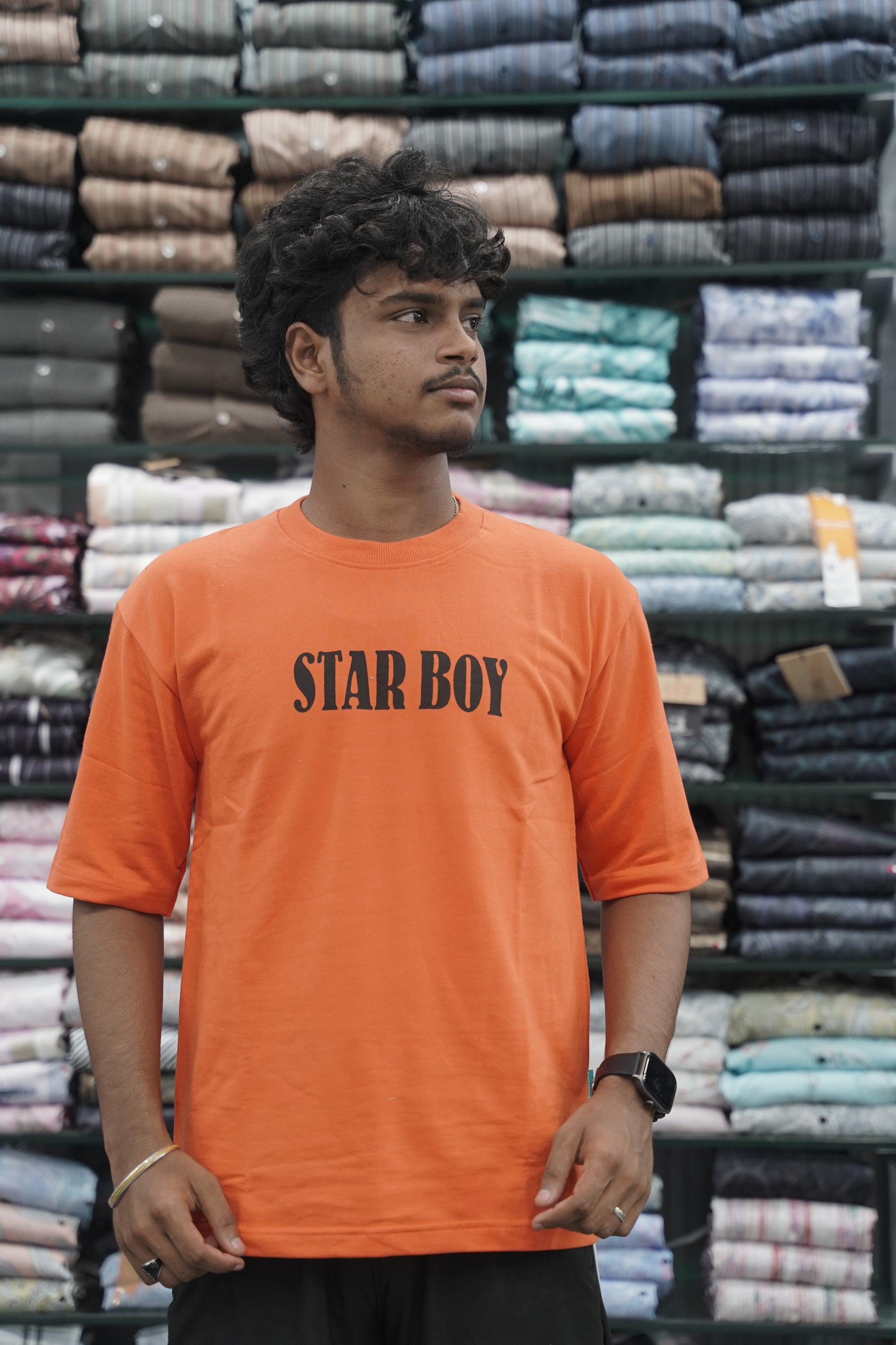 Mens Five Sleeve STAR BOY Back Printed Oversize T-Shirt - Orange-7 Man