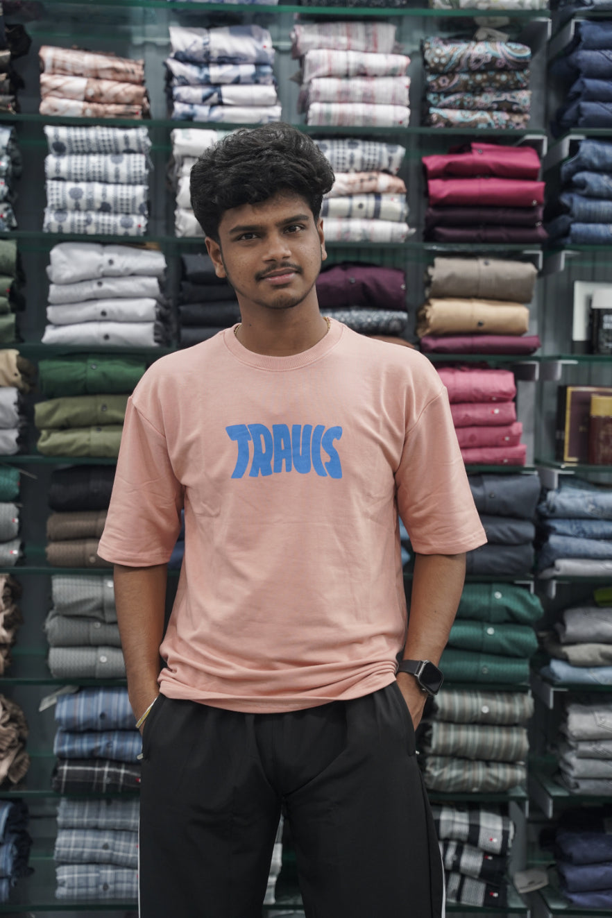 Mens Five Sleeve TRAUIS Back Printed Oversize T-Shirt - Peach-7 Man