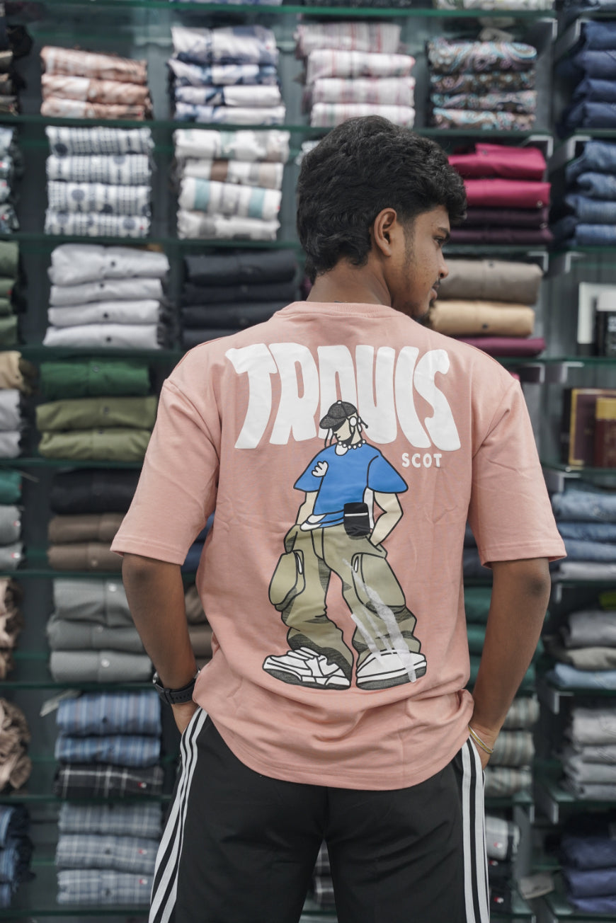Mens Five Sleeve TRAUIS Back Printed Oversize T-Shirt - Peach-7 Man