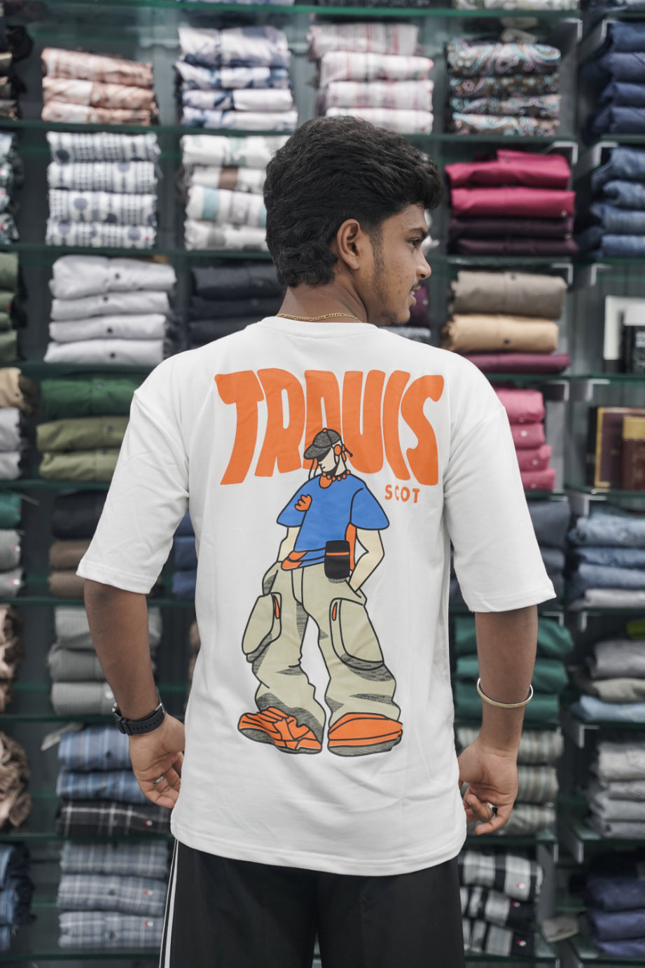 Mens Five Sleeve TRAUIS Back Printed Oversize T-Shirt - White-7 Man