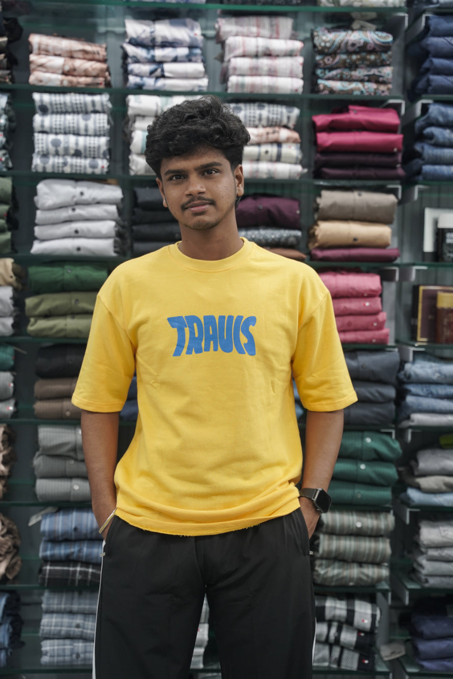 Mens Five Sleeve TRAUIS Back Printed Oversize T-Shirt - Yellow-7 Man