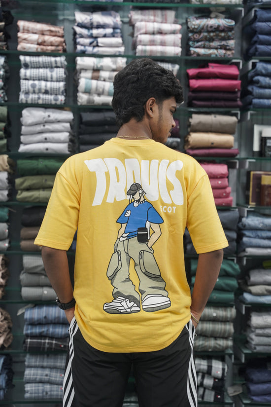 Mens Five Sleeve TRAUIS Back Printed Oversize T-Shirt - Yellow-7 Man