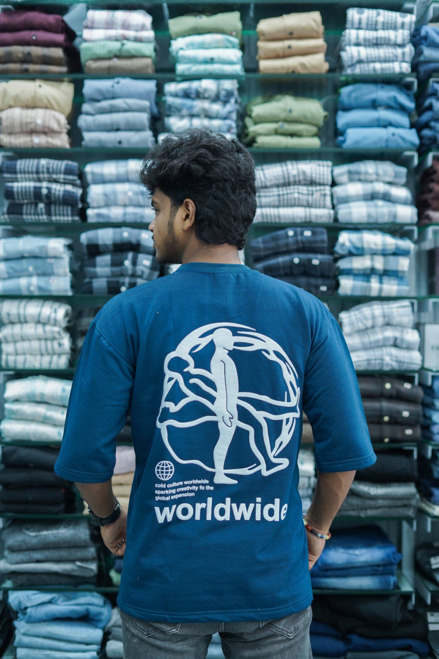 Mens Five Sleeve WORLDWIDE Back Printed Oversize T-Shirt - Ink Blue-7 Man