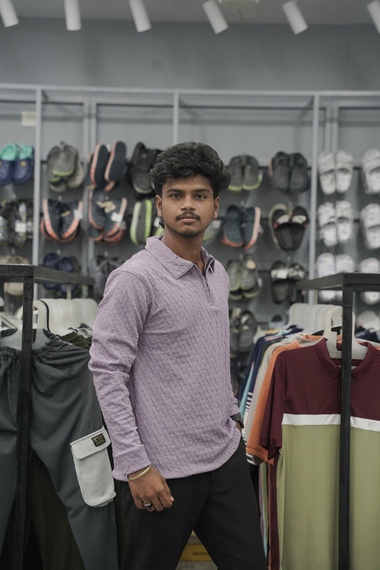 Men's Full Sleeve Casual Wear Textured Zipper Collar T- Shirt – Purple-7 Man