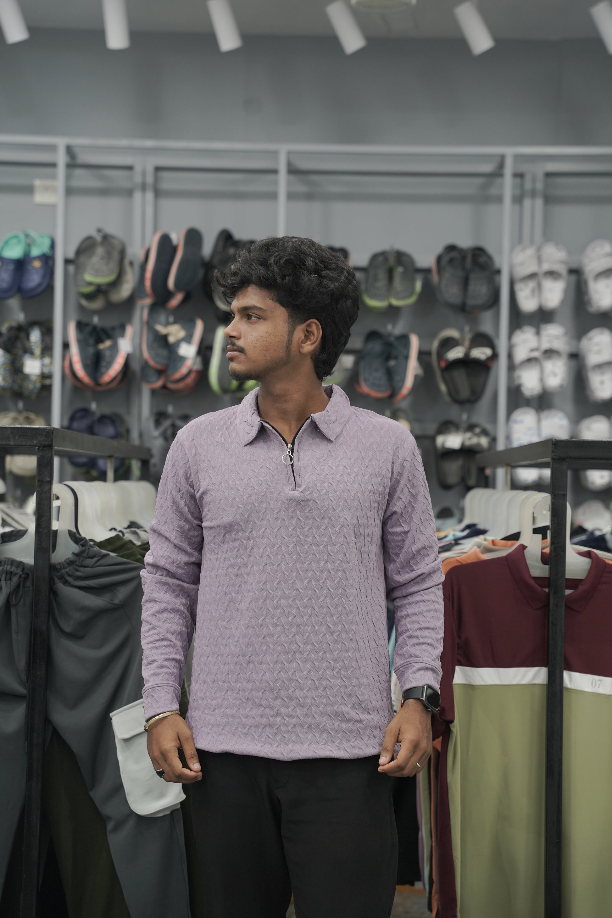 Men's Full Sleeve Casual Wear Textured Zipper Collar T- Shirt – Purple-7 Man