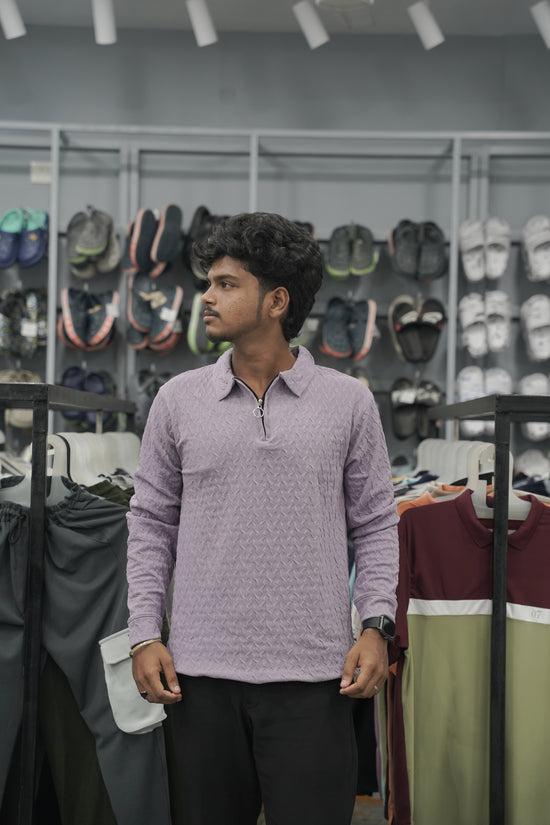 Men's Full Sleeve Casual Wear Textured Zipper Collar T- Shirt – Purple-7 Man
