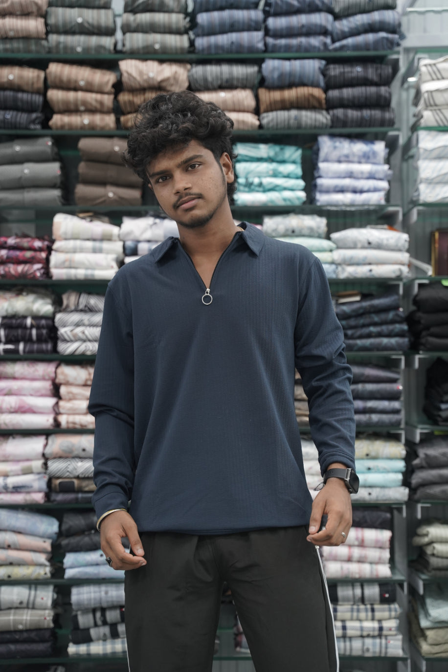 Mens Full Sleeve KOREAN Zipper Collar T-Shirt - Navy Blue