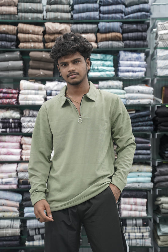 Mens Full Sleeve KOREAN Zipper Collar T-Shirt - Pista Green