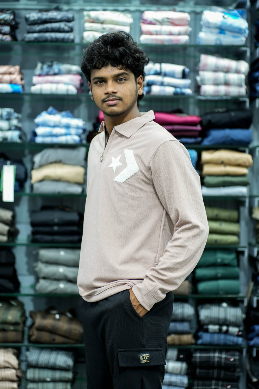 Men's Full Sleeve Korean Zipper Collar T-Shirt with Premium EMB Print – Light Pink-7 Man