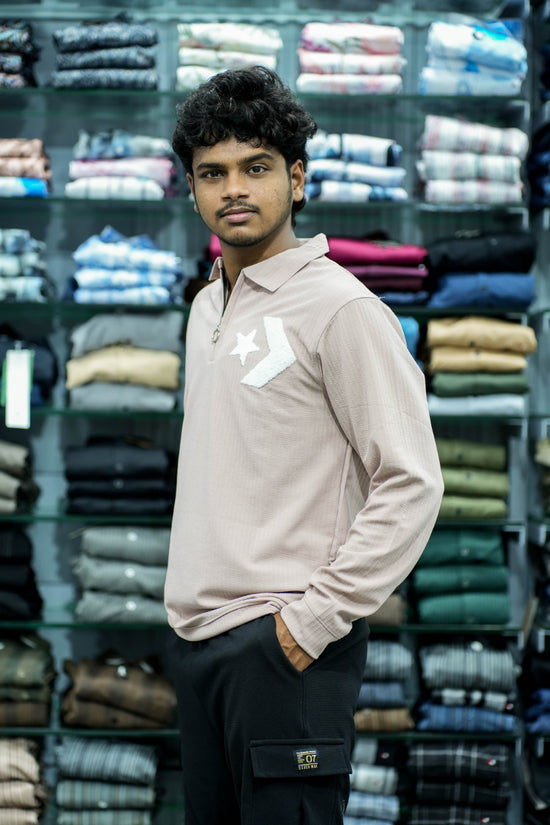Men's Full Sleeve Korean Zipper Collar T-Shirt with Premium EMB Print – Light Pink-7 Man