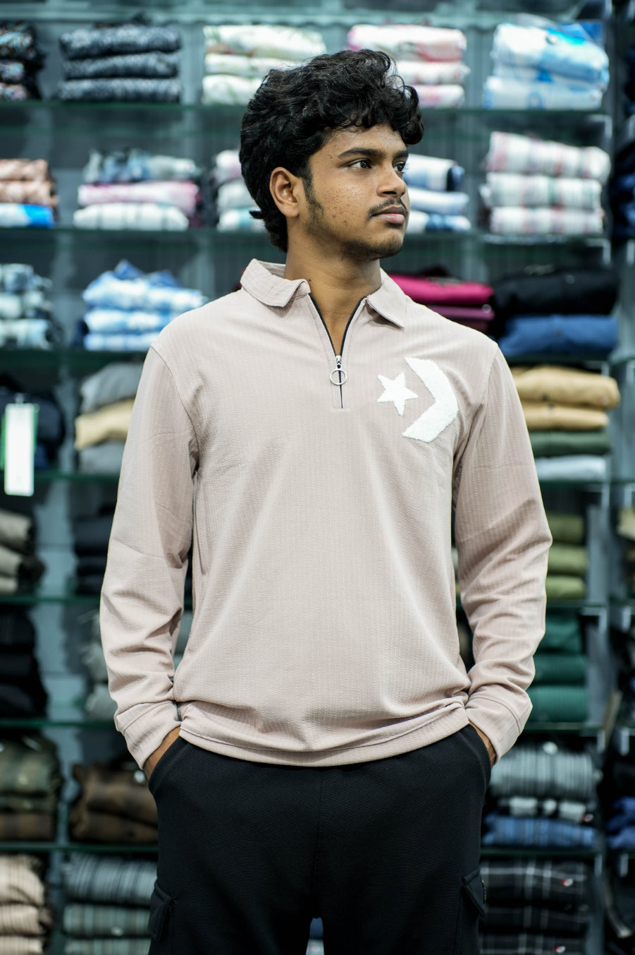 Men's Full Sleeve Korean Zipper Collar T-Shirt with Premium EMB Print – Light Pink-7 Man