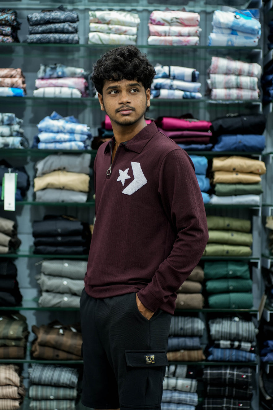 Men's Full Sleeve Korean Zipper Collar T-Shirt with Premium EMB Print – Maroon-7 Man