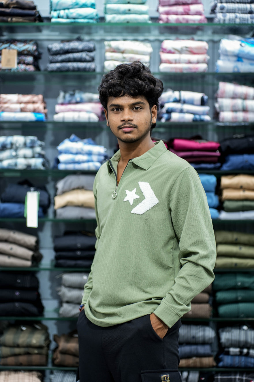 Men's Full Sleeve Korean Zipper Collar T-Shirt with Premium EMB Print – Pista Green-7 Man