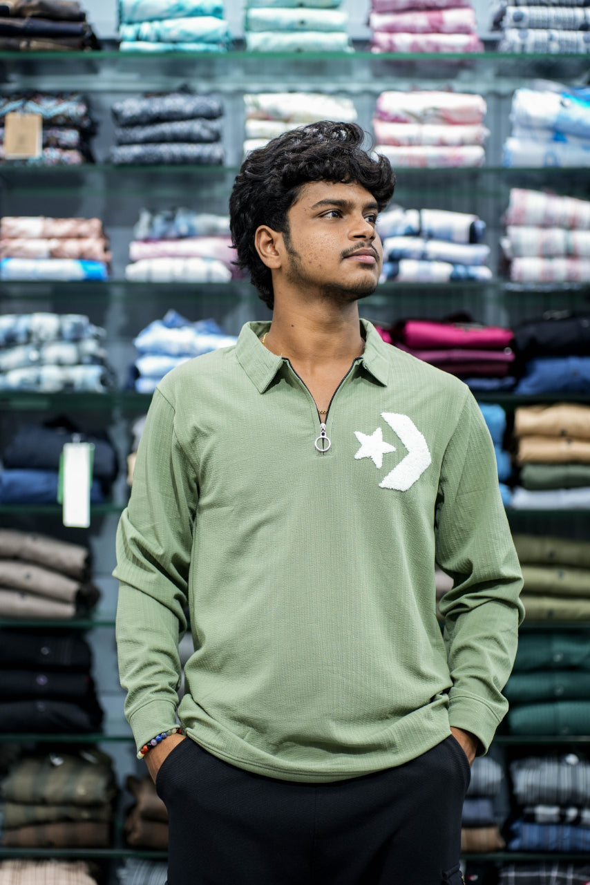 Men's Full Sleeve Korean Zipper Collar T-Shirt with Premium EMB Print – Pista Green-7 Man