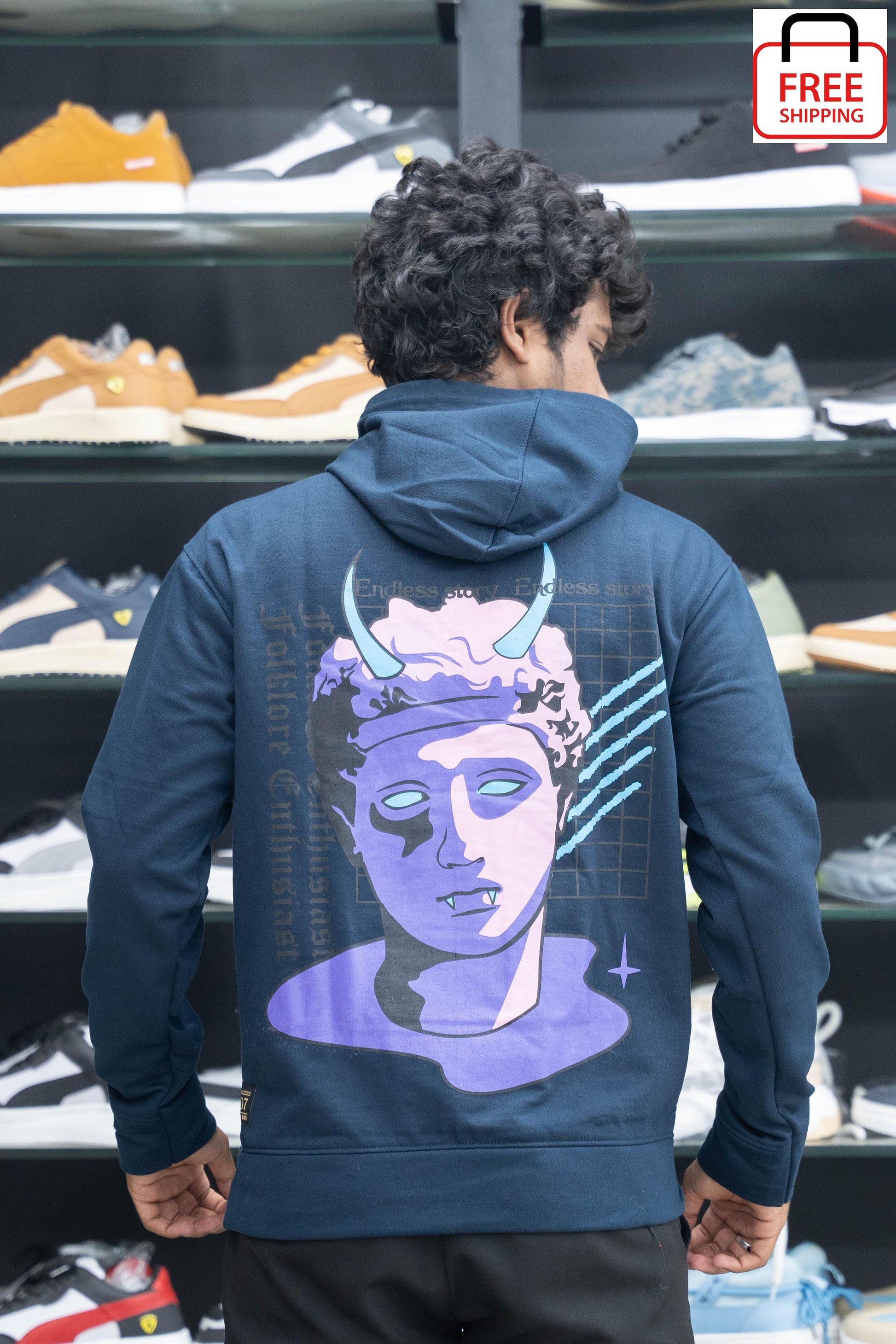 Mens Full Sleeve Oversized ENDLESS STORY Printed Hoodies & Sweatshirts - Blue