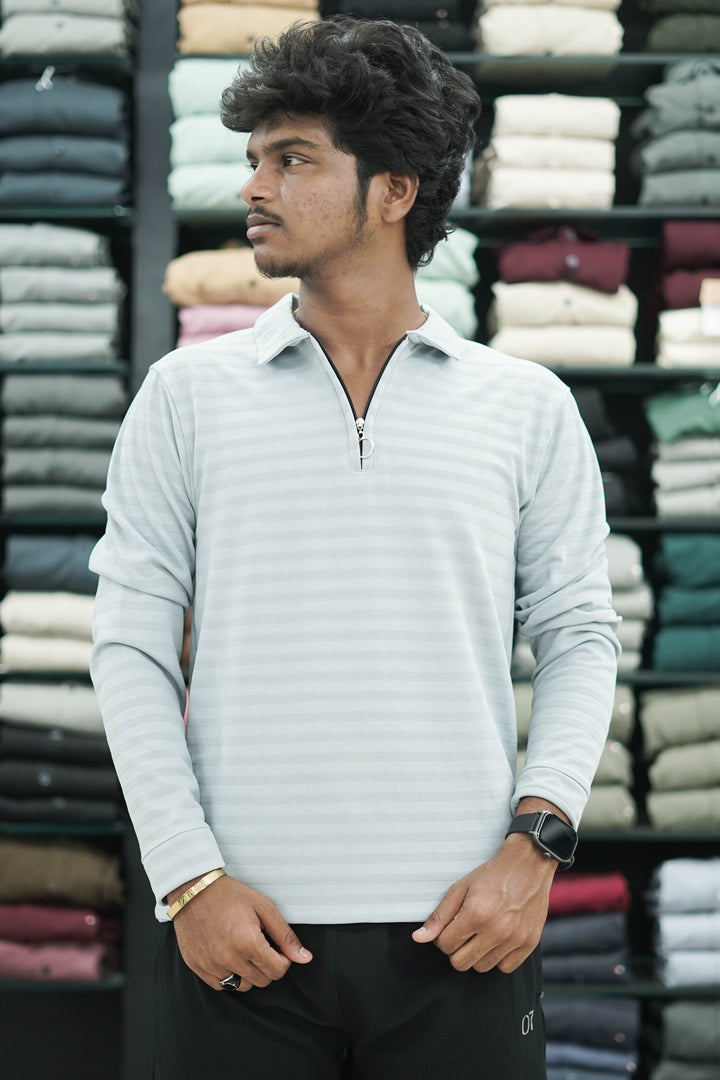 Men's Full Sleeve Striped T-Shirt with Zipper Collar - Ash