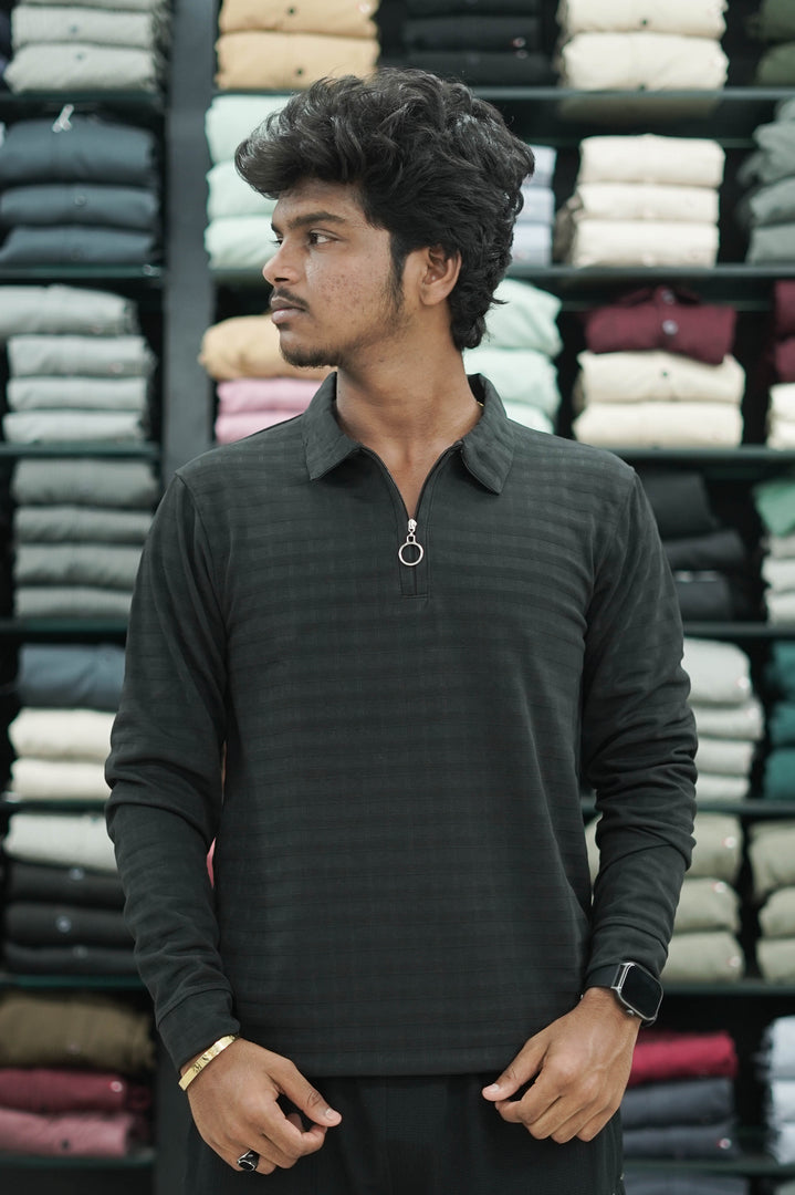 Men's Full Sleeve Striped T-Shirt with Zipper Collar - Black