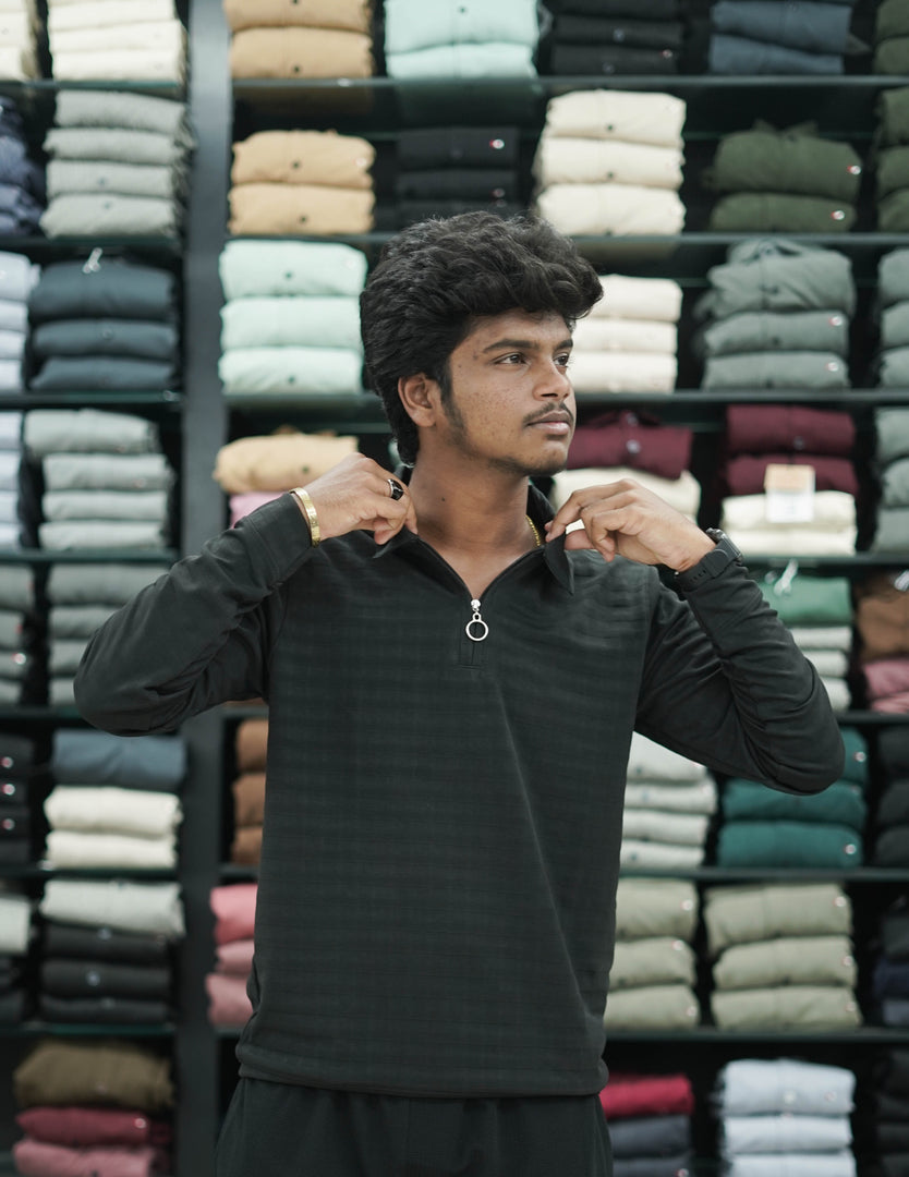 Men's Full Sleeve Striped T-Shirt with Zipper Collar - Black