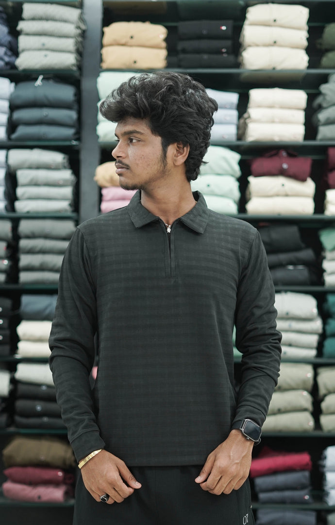 Men's Full Sleeve Striped T-Shirt with Zipper Collar - Black