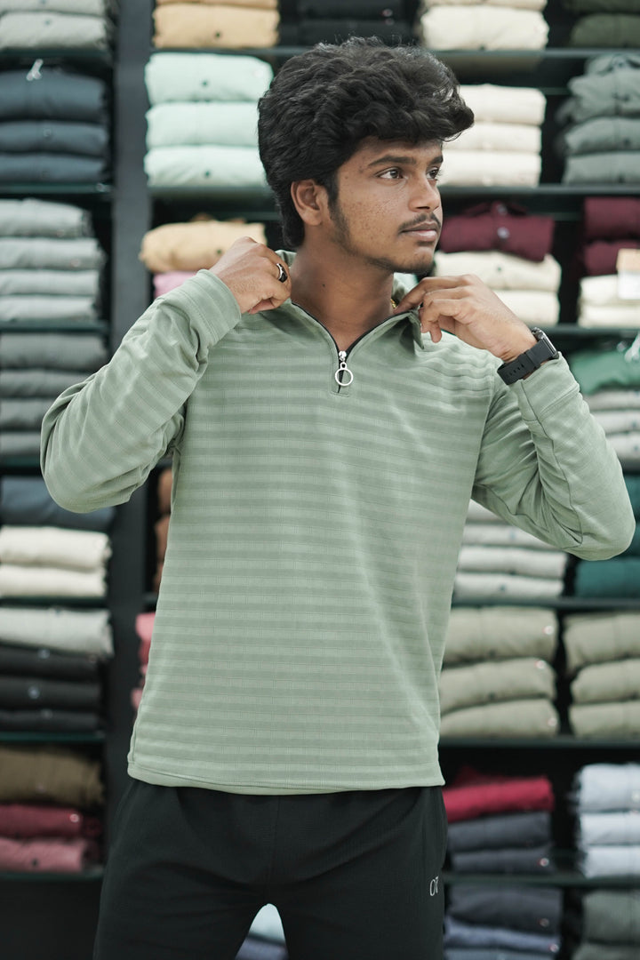 Men's Full Sleeve Striped T-Shirt with Zipper Collar - Green